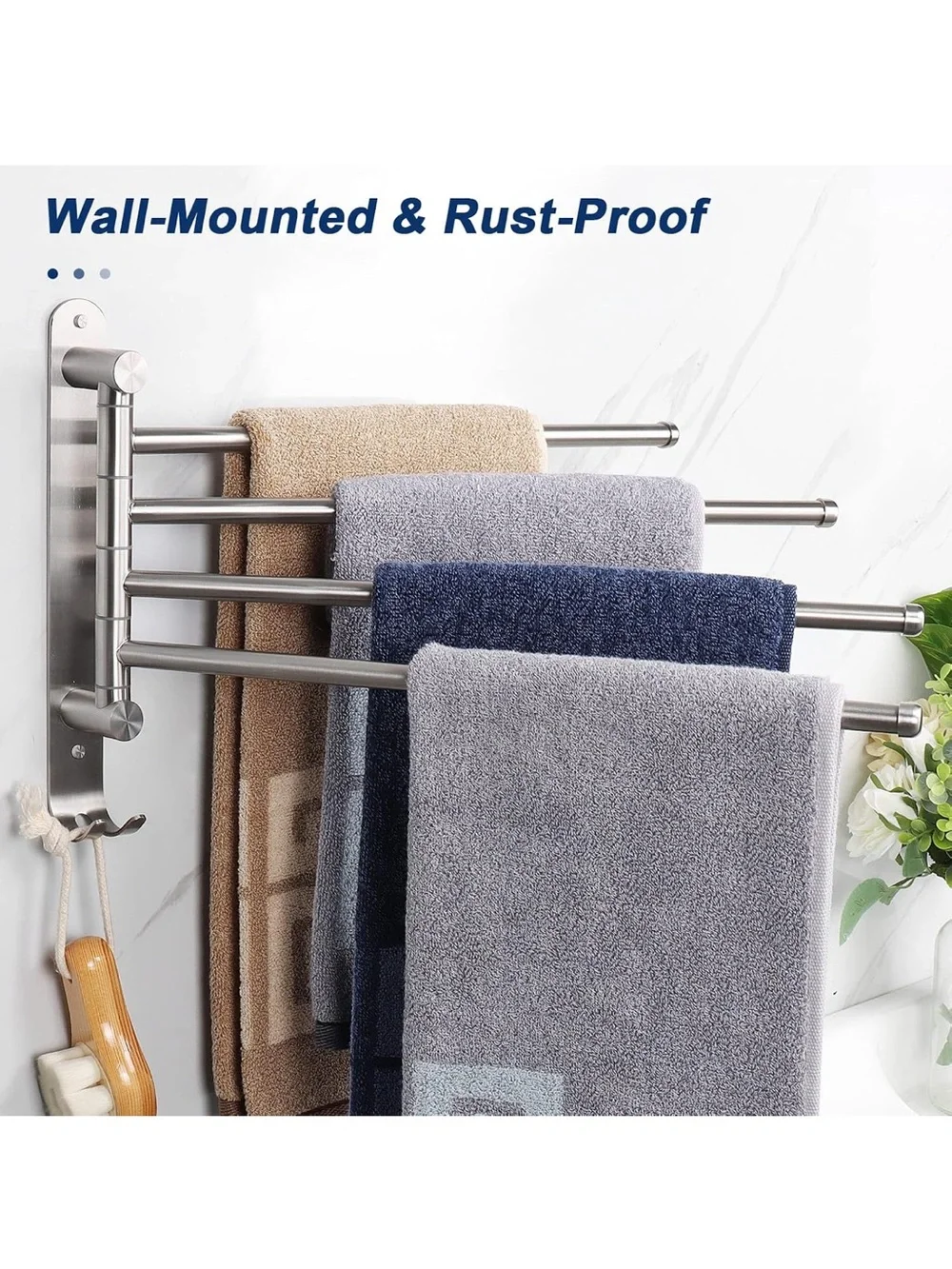 Stainless Steel 4-Arm Swivel Towel Rack with Hooks - Brushed Nickel